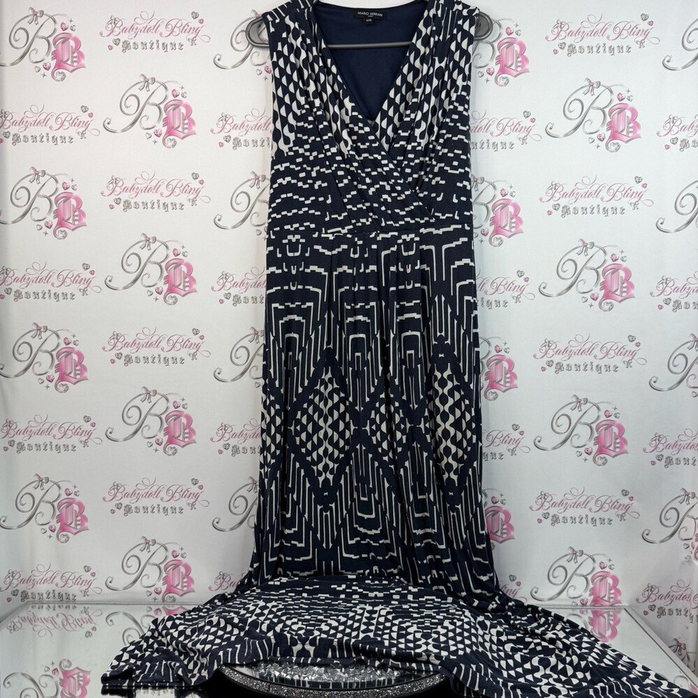 Mario Serrani Italy dress tie up belted Blue navy White Geometric Maxi Dress